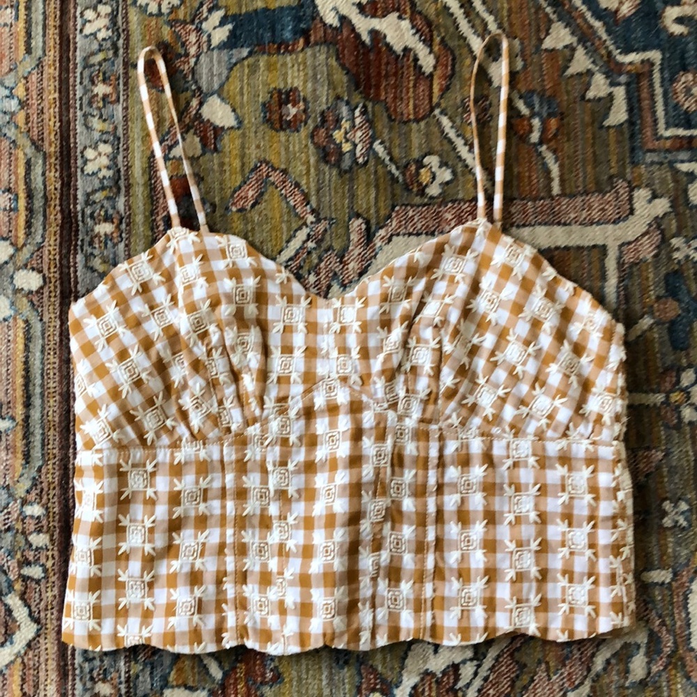 Anthro Embroidered Gingham Crop